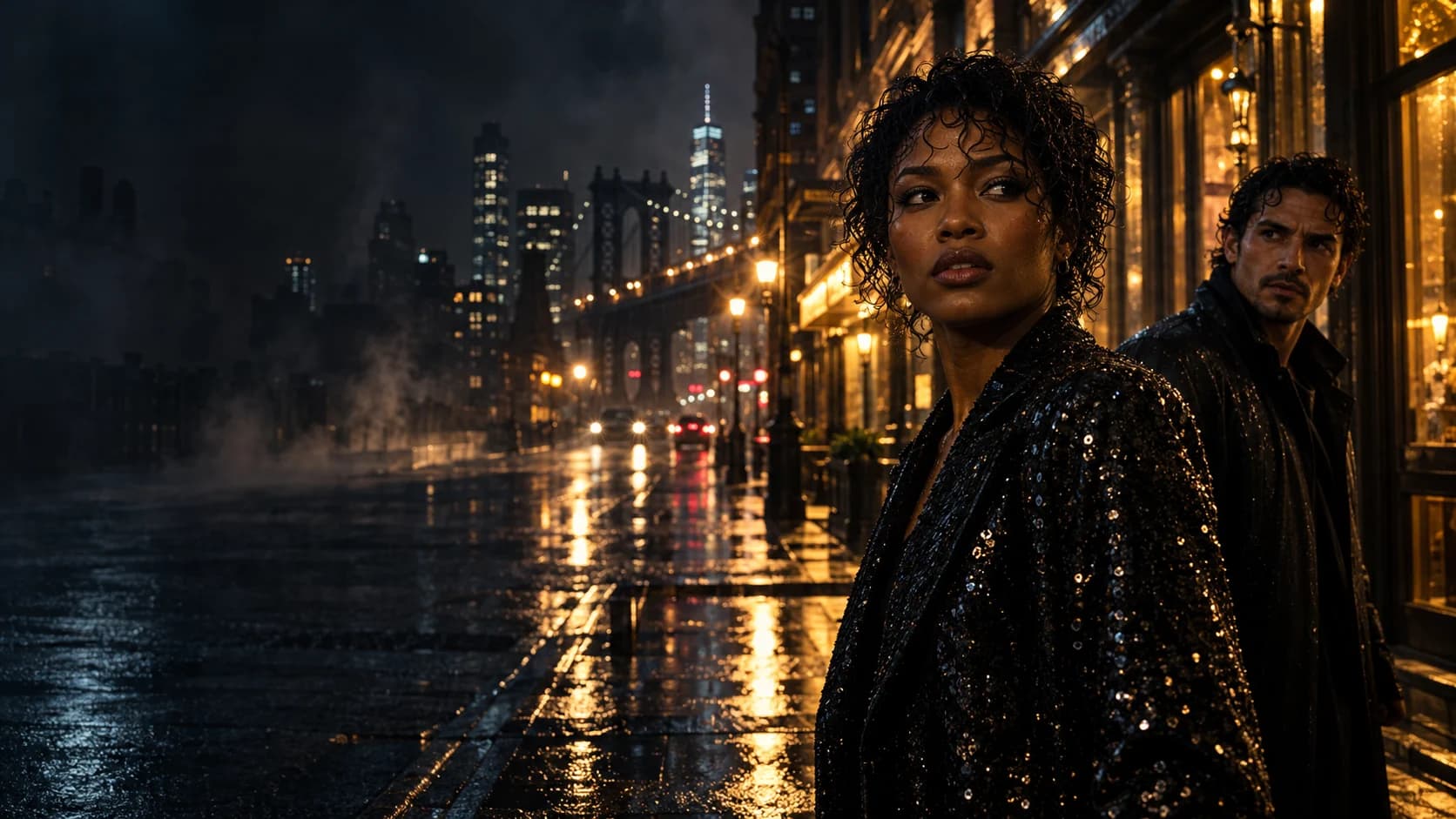 An original cinematic scene: two characters on a rain-soaked city street