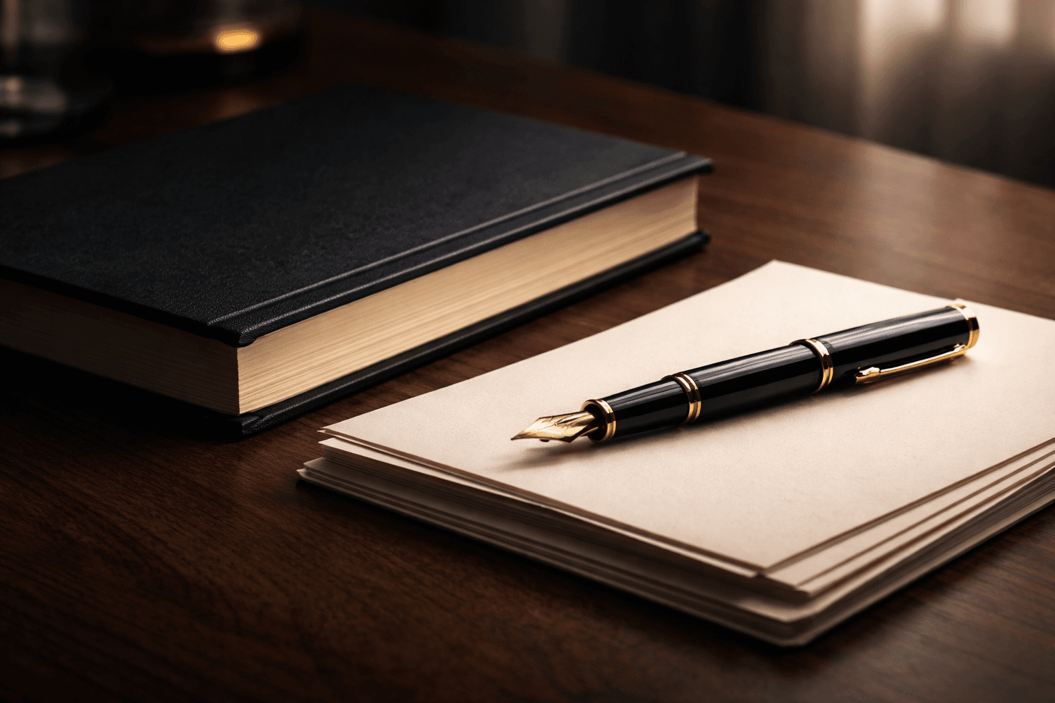 A premium writing desk representing the BookWriter manuscript workspace