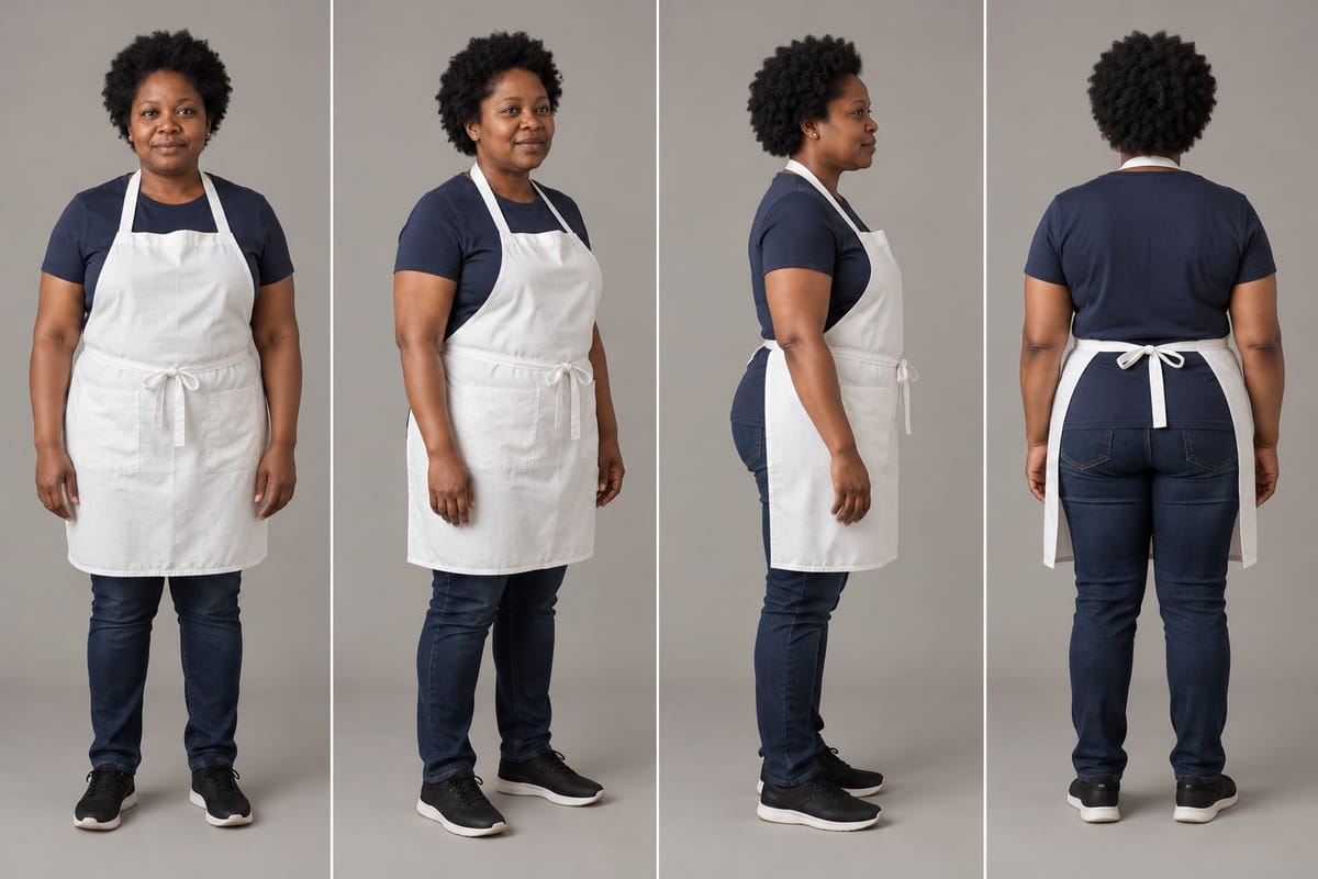 Dee from the front, three-quarter, side and back