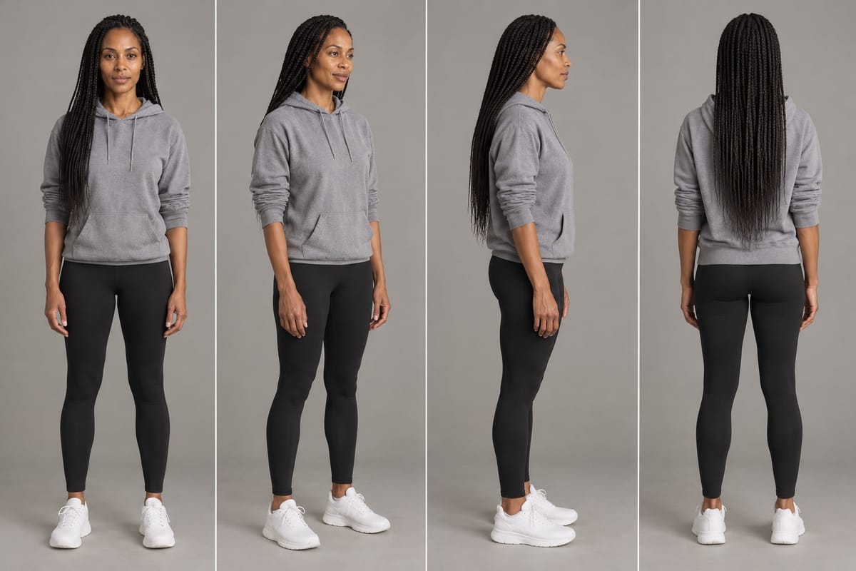 Tasha from the front, three-quarter, side and back